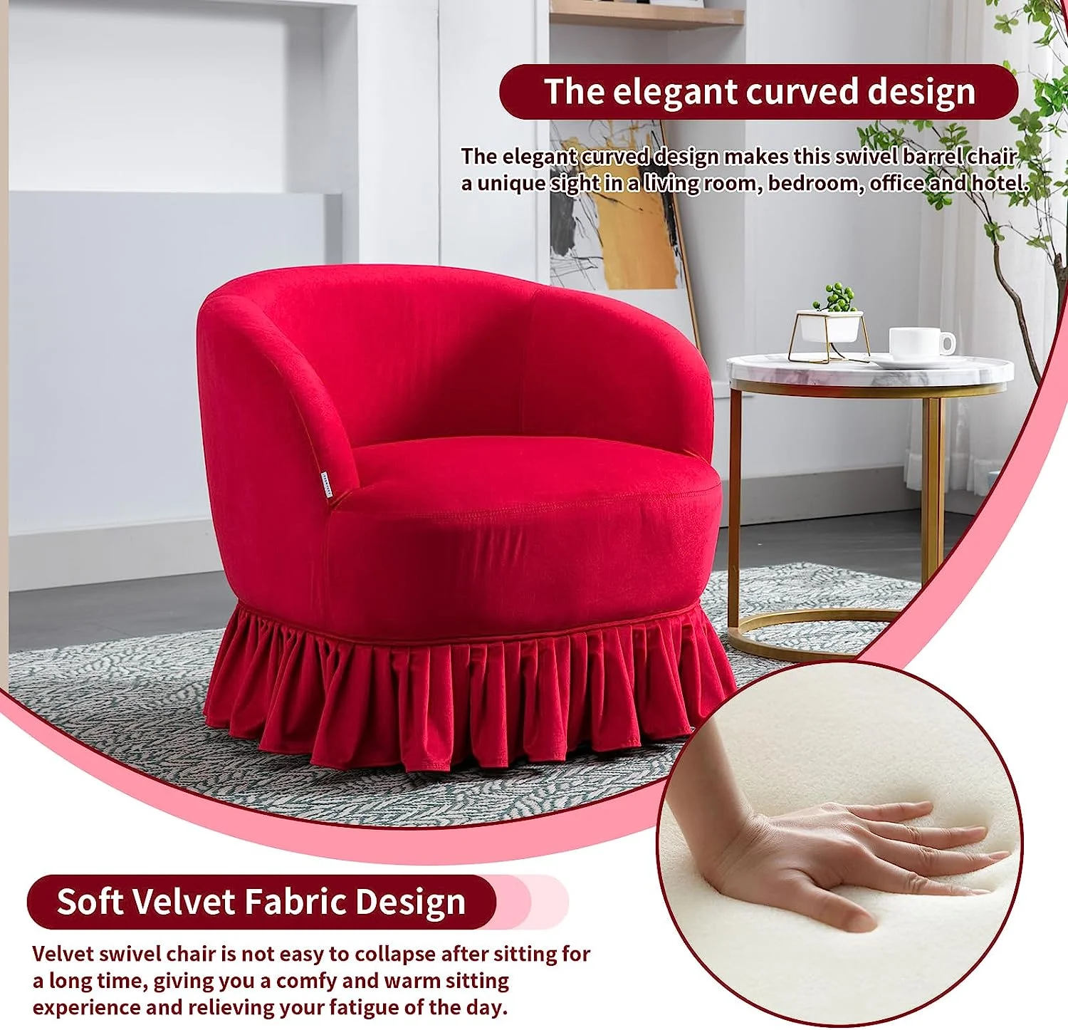 Tabaray Swivel Barrel Chair with Pleated Skirt, 360 Degree Swivel Barrel Club Chair, Comfy Velvet Round Sofa Chair for Living Room