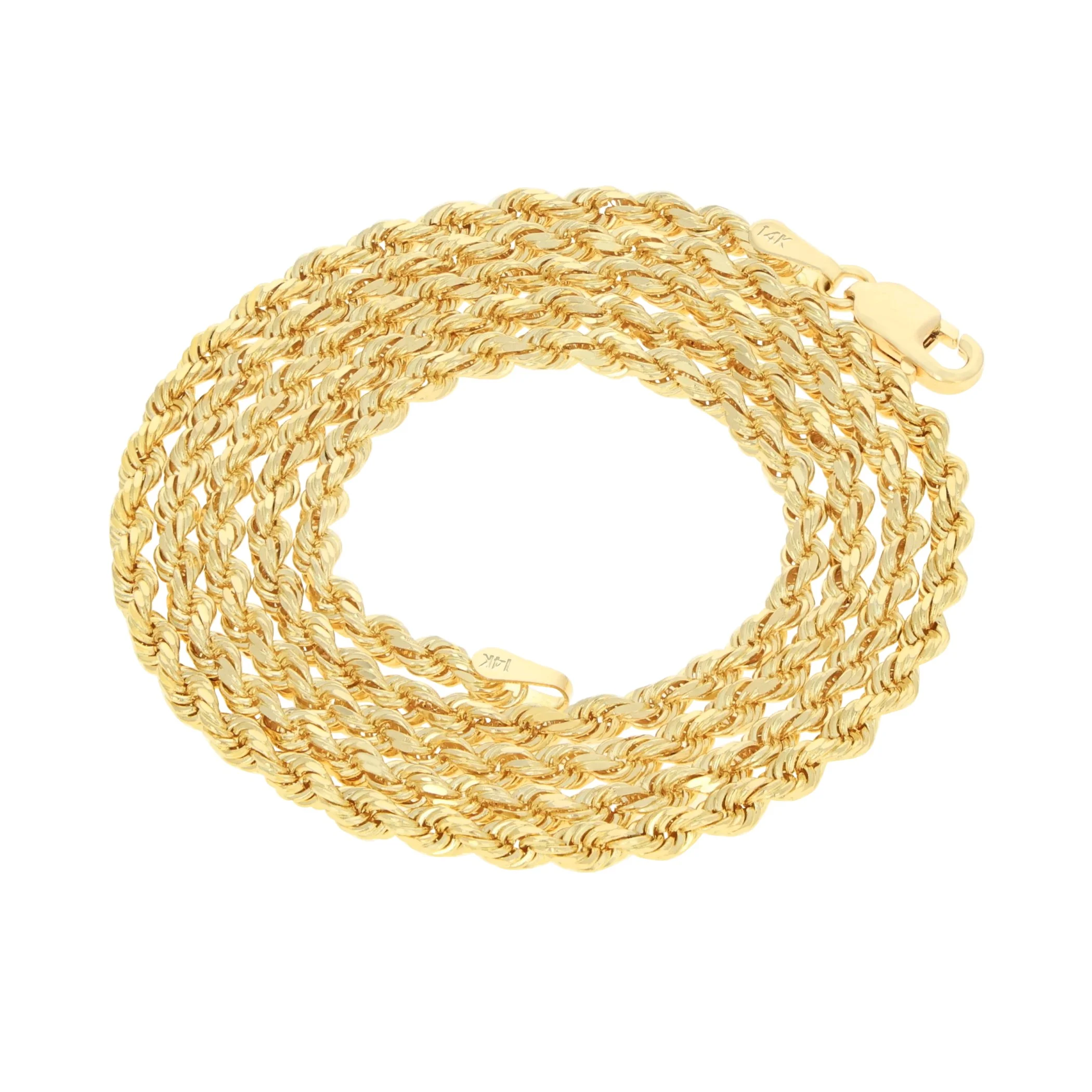 Nuragold 14k Yellow Gold 3mm Rope Chain Diamond Cut Necklace, Mens Womens Jewelry 16" - 30"