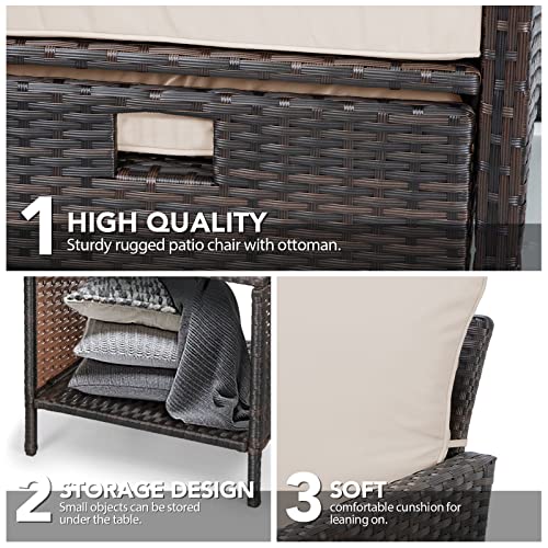 LEVELEVE Balcony Furniture 5 Piece Patio Conversation Set, PE Wicker Rattan Outdoor Lounge Chairs with Soft Cushions 2 Ottoman&Glass Table for Porch