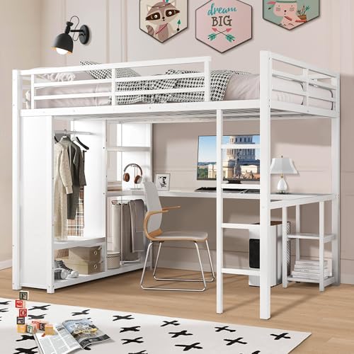 Queen Heavy Duty Metal Loft Bed with L-Shaped Desk, Wardrobe & 5 Storage Shelves – Space-Saving Design for Kids, Teens, Adults – CPC Certified