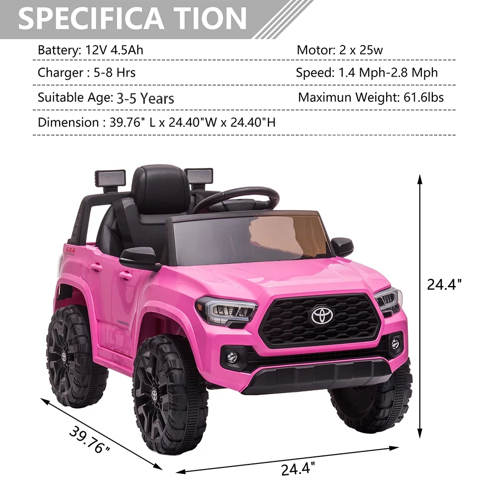 Licensed Toyota Tacoma Electric Ride on Vehicle for Kids, 12V Powered Ride on Car Toys with Remote Control, LED Lights, MP3 Player, Gray