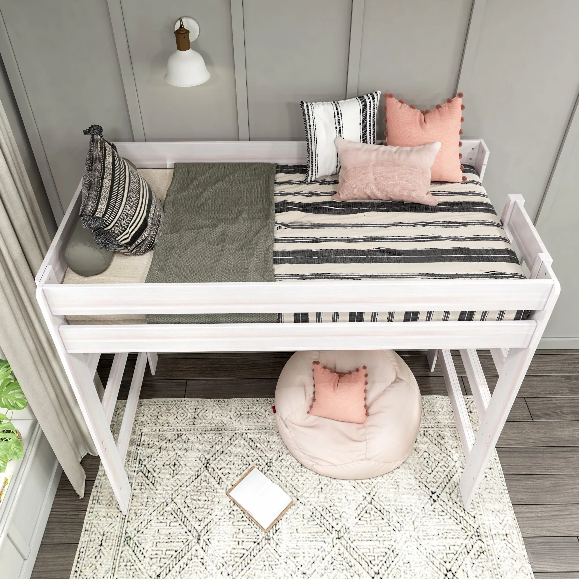 Max & Lily Modern Farmhouse High Loft Bed, Solid Wood Twin Loft Bed Frame for Kids, White Wash - Curated Treasures Market