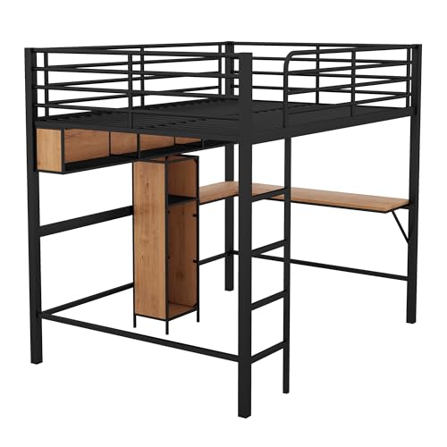 Harper & Bright Designs Twin Size Metal Loft Bed with Desk, Ladder and Guardrails, for Kids Teens Adults – Silver
