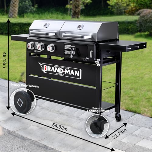 Brand-Man Griddle Grill Combo 6-Burner, 2 in 1 Versatile Propane Gas Grill and Griddle with Double Stainless Steel Lids