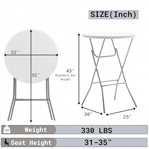 BTEXPERT White 2.63 Foot 32in Round Plastic Bar Height Folding Cocktail Table 330lb Weight Capacity Commercial Portable Banquet Dining Wedding Party
