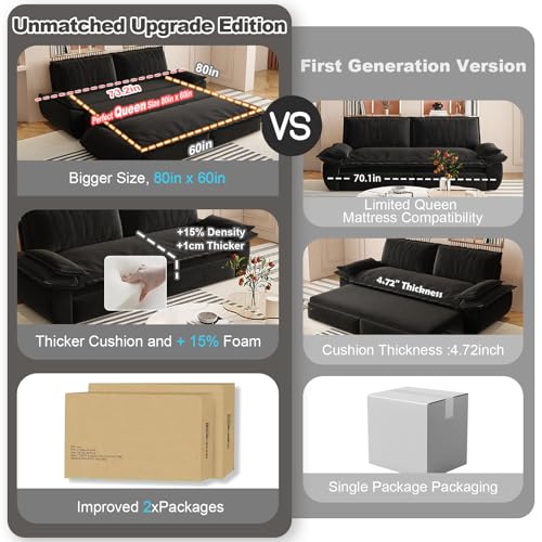 70.1" Futon Sofa Bed Queen Size, Pull Out Bed, 3-in-1 Convertible Sleeper Sofa with 2 Soft Pillows, Modern Velvet Futon Couch for Living Room