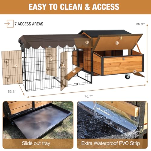 Chicken Coop Large Wooden Chicken Tractor for 6&ndash;8 Chickens, Outdoor Hen House with Metal Run Poultry Cage-Upgraded All Metal Frame