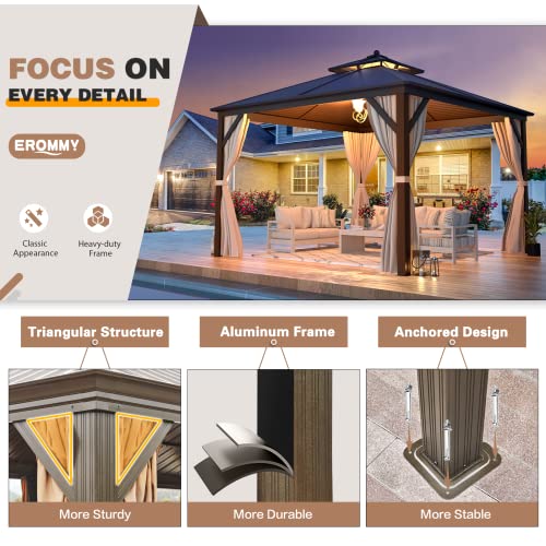 EROMMY 12'x20' Hardtop Gazebo Double Roof Galvanized Steel Canopy Outdoor Aluminum Frame Permanent Metal Pavilion with Netting and Curtains for Patio