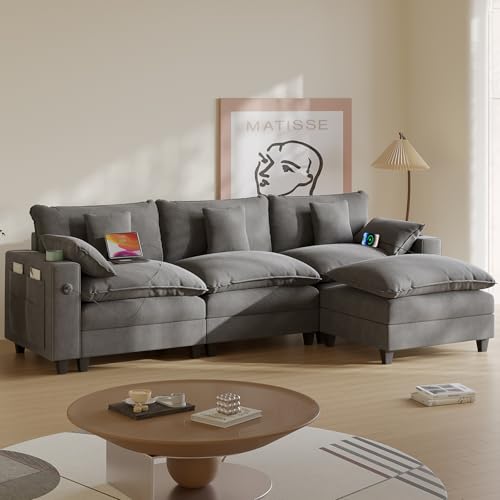 Modular Sectional Sofa, Cloud Couch with Ottoman, Charging Station, Throw Pillows, Cup Holders, Modern Convertible U Shaped Couches for Living Room