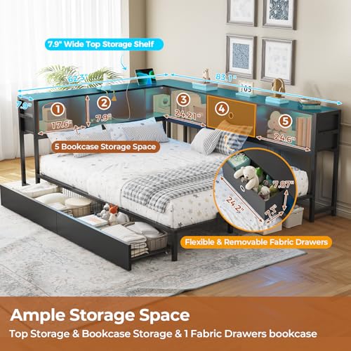 DICTAC Corner Full Bed Frame with Bookcase Storage and Led Lights Full Size Metal Platform Bed Frame with Storage Drawers & Charging Station Full