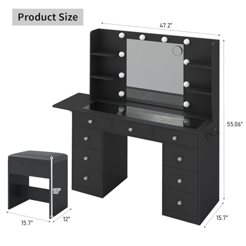 Vanity Desk & Power Outlet, Makeup Vanity with Mirror and 10 LED Lights, 3 Lighting Modes Brightness Adjustable