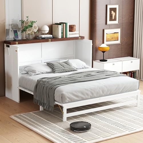 SOFTSEA Queen Size Murphy Bed Cabinet Bed with Storage Drawer and Charging Station, Modern Foldable Platform with USB Port