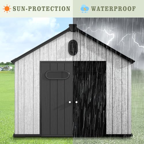 UDPATIO 6x6 FT Outdoor Storage Shed, Resin Plastic Shed with Floor Air Vents Side Windows Skylights Lockable Doors, Backyard Patio Garden, Grey