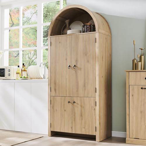 71" Tall Arched Kitchen Pantry, Modern Fluted Wood Storage Cabinet with Doors, 3 Adjustable Shelves, 6 Door Shelves, Organizer