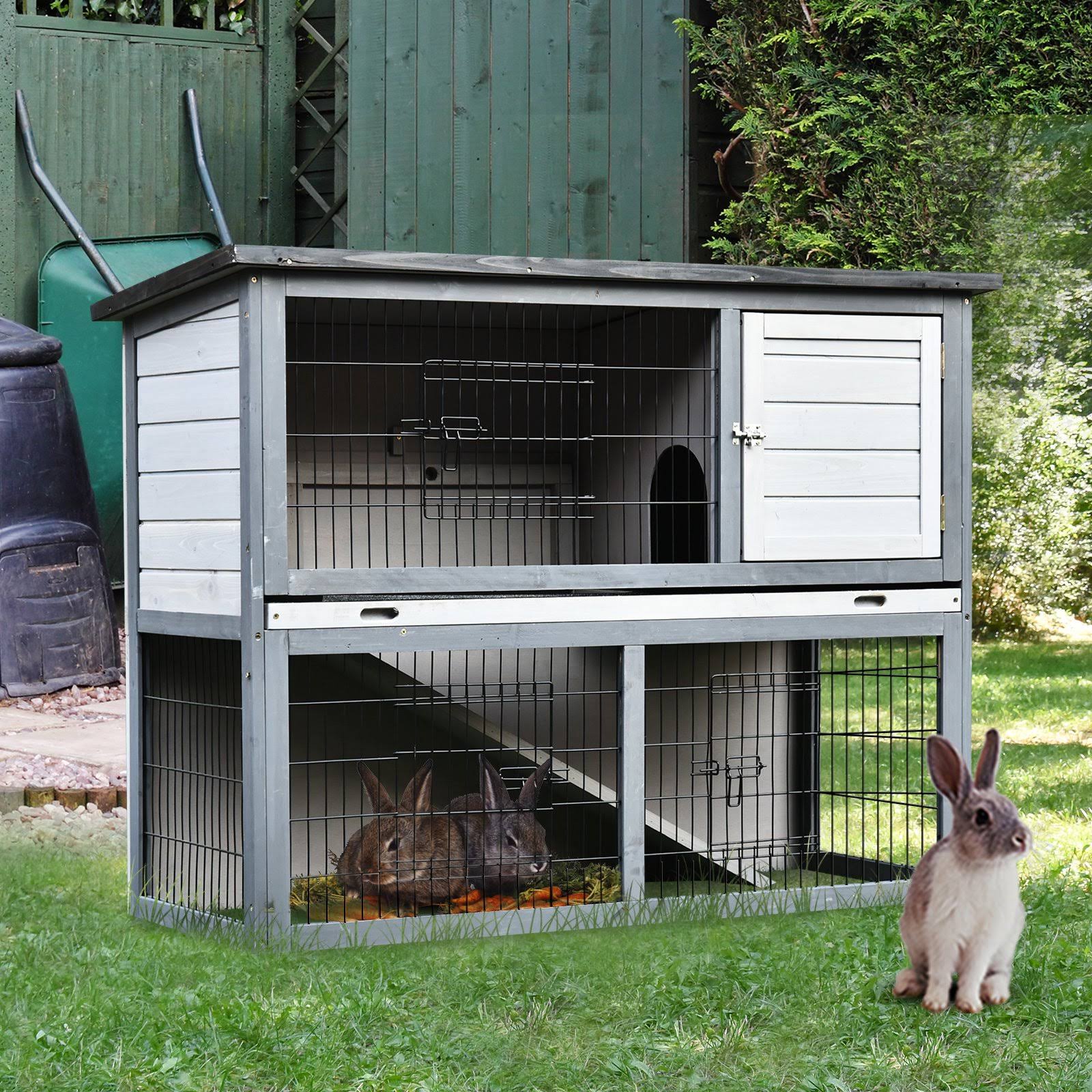PawHut Outdoor Rabbit Hutch 54x22 Wooden Rabbit Bunny Cage Water Resistant Pet House 4 Door w/ Ramp