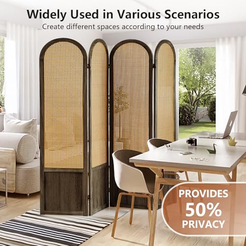 Room Divider 4 Panel, Folding Privacy Screen, Foldable Wood Divider Room Dec, Rattan Room Divider, Portable Partition Screen