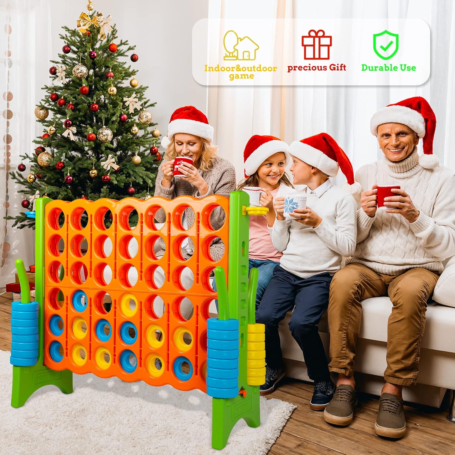 Oversized 4-to-score Jumbo connect in-a-row game Carry Bag Included,48”Giant plastic connect game set for Adults with cup holder,46 rings for kids