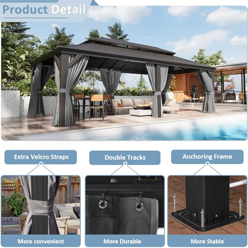 Aoxun 10' X 12' Hardtop Gazebo, Aluminum Outdoor Gazebo with Galvanized Steel Double Top Canopy