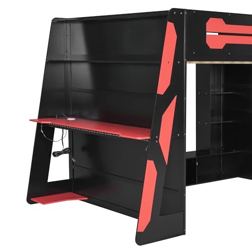 Modern Full Size Gaming Loft Bed with Built-in Desk and Storage Wardrobe, Wood Loft Bed Frame with Light Strip and 2 Drawers