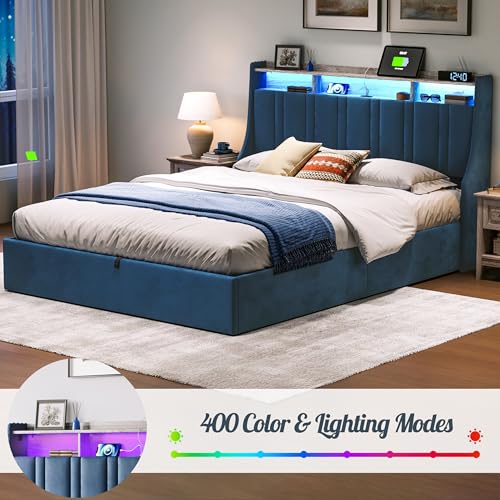 LINSY Lift Up Storage Bed Queen Bed Frame with Storage, Upholstered Bed Frames with Headboard