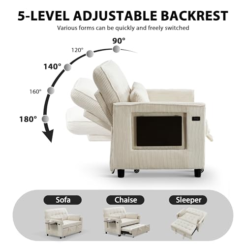 Sleeper Sofa Bed, 52‘’ Convertible Pull Out Couch with Small Table| USB Port | Side Pockets | Corduroy Fabric | Adjustable Backrest for Apartment