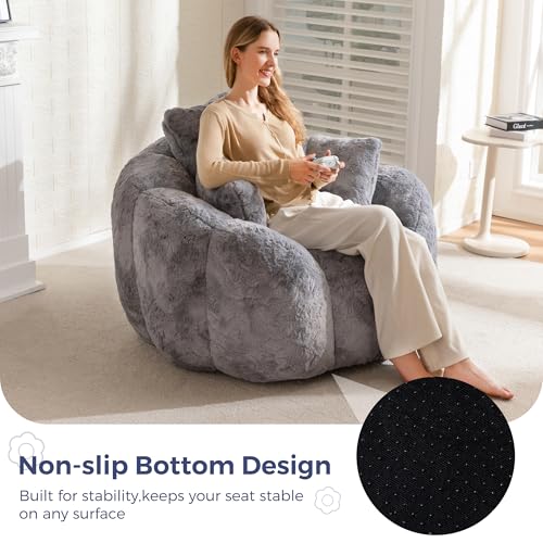 MAXYOYO Bean Bag Chair for Adults, Floral Shaped Bean Bag Sofa, Ultra Soft Faux Fur Floor Sofa, Large Reading Chair for Living Room Bedroom, Beige