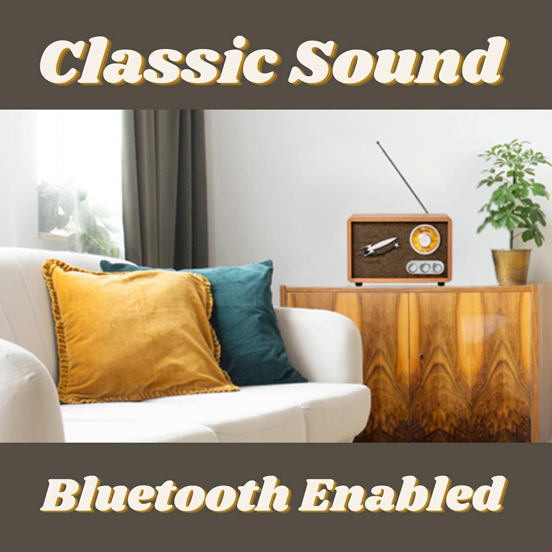 Rocket Retro Radio AM FM with Bluetooth, Vintage Wood Radio for Kitchen, Office, Garage, Camper