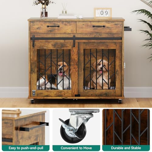 YITAHOME Dog Kennel Furniture for 2 Dogs, 39 inch Double Dog Crate with Storage Drawers, Indoor Wooden Dog House Heavy Duty for 2 Small Medium Dogs