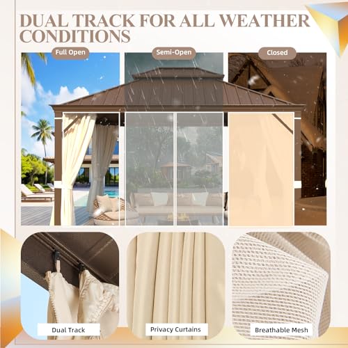 YOLENY 10' x 12' Hardtop Gazebo, Metal Gazebo with Aluminum Frame, Double Galvanized Steel Roof, Curtains and Netting Included