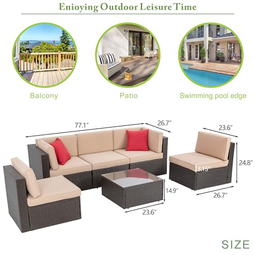 Vongrasig 6 Pieces Outdoor Patio Furniture Set, PE Wicker Rattan Sectional Sofa Patio Conversation Sets with Coffee Table for Garden, Backyard