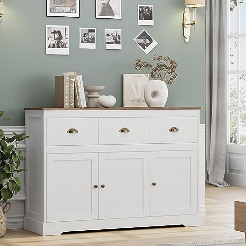 Keyluv White Buffet Cabinet Storage Sideboard Farmhouse Server Bar Wine Cabinet with 3 Drawers & 3 Doors Adjustable Shelves Console Table for Dining