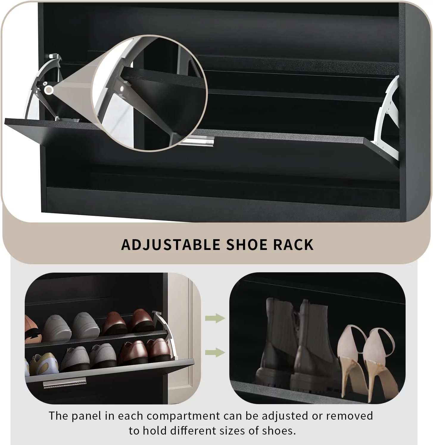 AngLink Slim Entryway Shoe Cabinet with 2 Flip Drawers, Modern Tempered Glass Top Shoe Storage Organizer with Drawer and Open Shelves