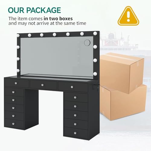 55" W Vanity Desk, Makeup Vanity with Charging Station, 15 Drawers with Lighted Mirror, 3 Lighting Modes, Brightness Adjustable, Glass Top