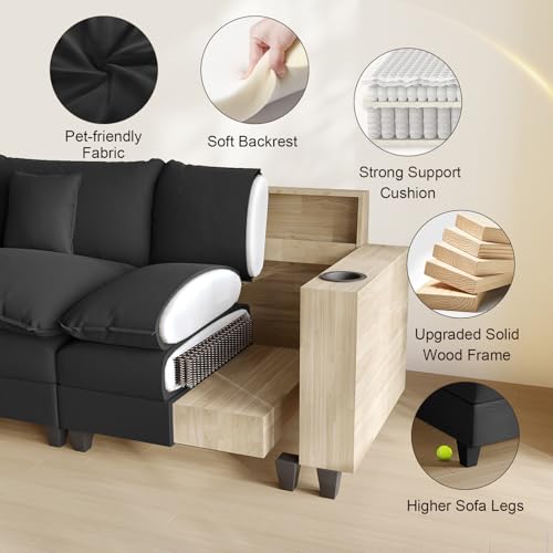 Modular Sectional Sofa, Cloud Couch with Ottoman, Charging Station, Throw Pillows, Cup Holders, Modern Convertible U Shaped Couches for Living Room