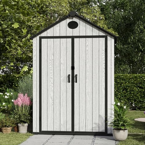 4.4x6 FT Resin Outdoor Storage Shed, 230 Cuft Garden Tool Sheds & Outdoor Storage Plastic Shed with Floor