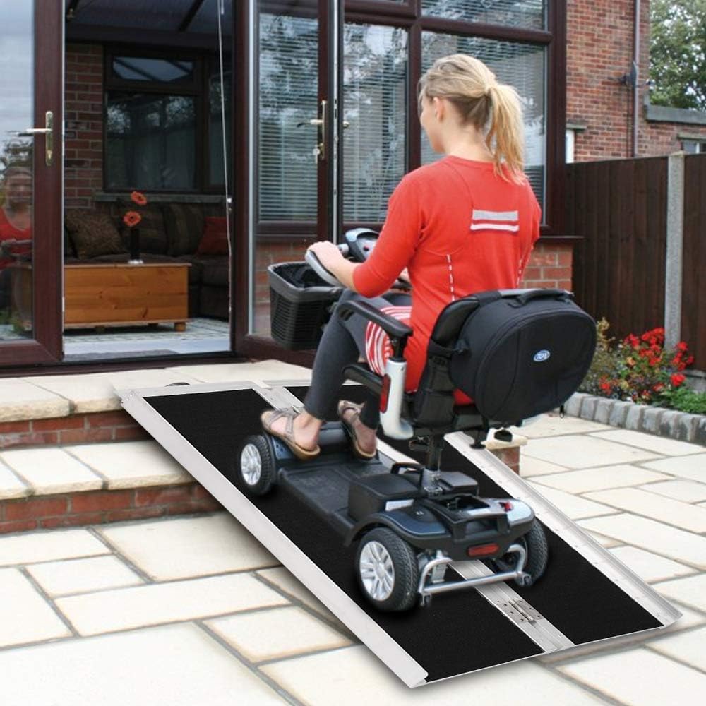 OMECAL 4' Wheelchair Ramp Threshold Portable Ramps 4ft for Home Steps Doorway Stairs Aluminum Handicap Metal House Mobile Porch Temporary Multifold