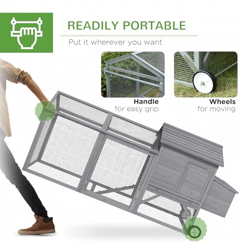 PawHut 96.5" Chicken Coop Wooden Hen House Poultry Cage Pen Portable with Wheels and Nesting Box, Chicken Cage for Backyard Outdoor, Natural