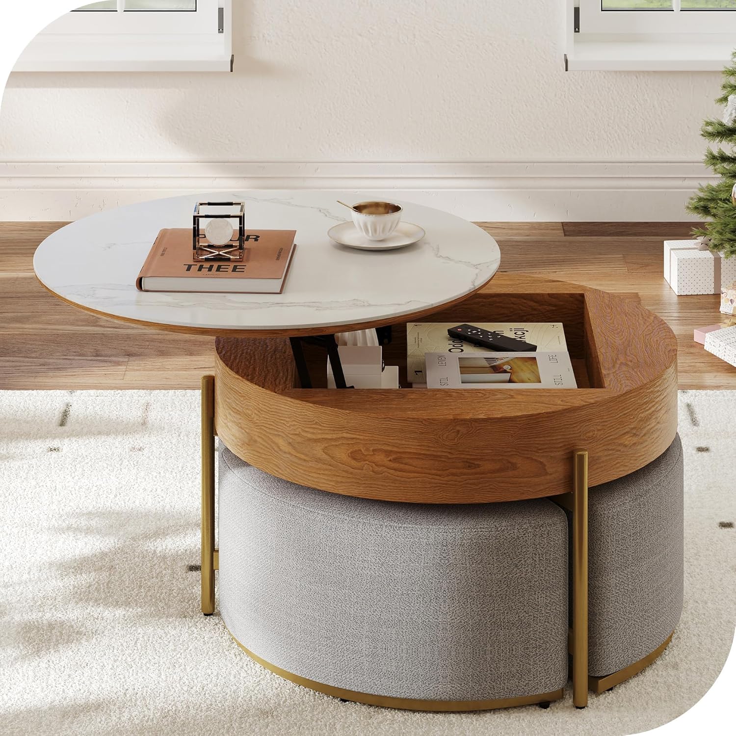 DWVO 32" L Round Marbling Pattern Slate Coffee Table with Storage 3 Stools Wood Rustic Boho Lift Top Coffee Table Set for Living Room