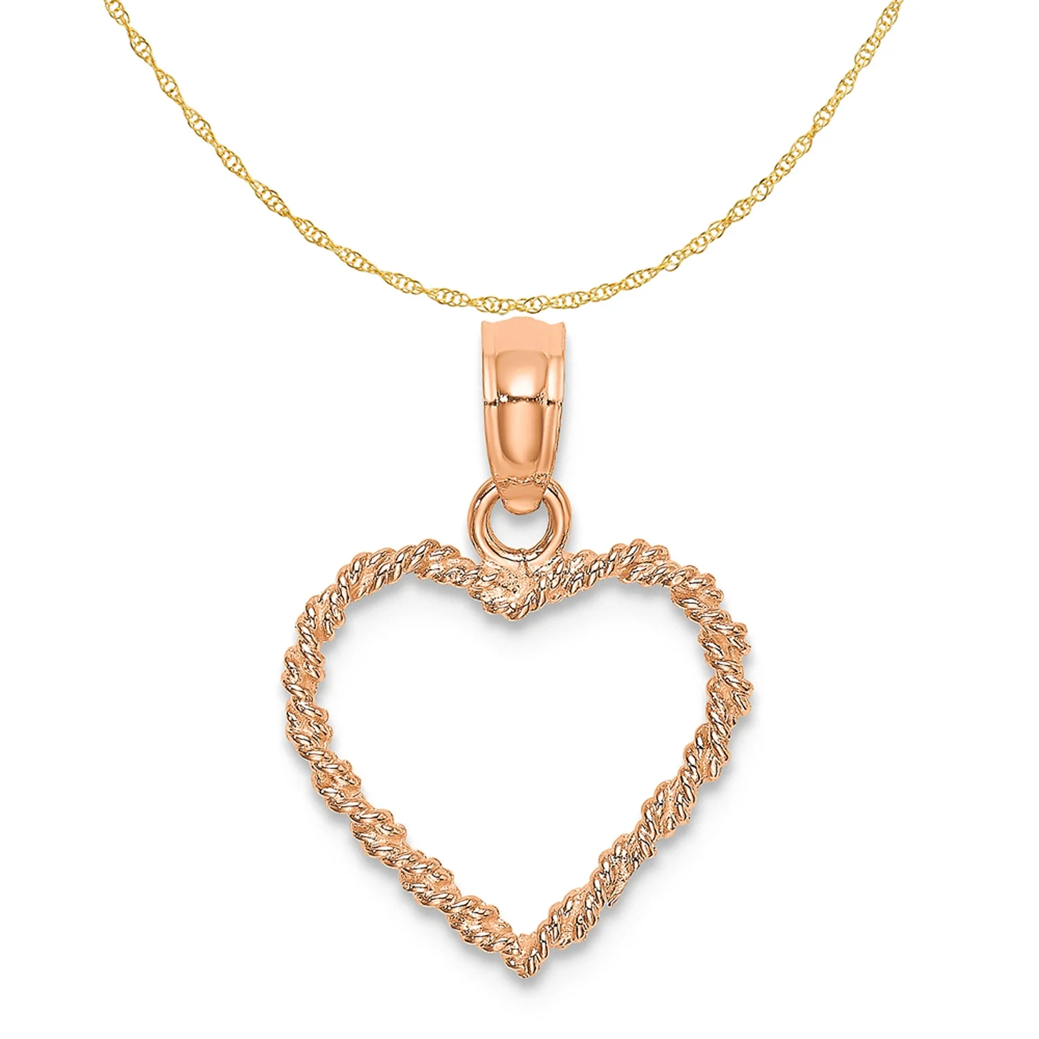 Carat in Karats 14K Rose Gold 3D Polished Rope Heart Pendant (16.4 mm x 13 mm) With 10K Yellow Gold Lightweight Rope Chain 16"