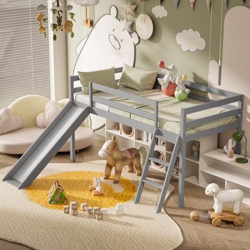 OLEAD Low Bunk Bed with Slide, Floor Loft Bed with Climbing Ladder, Wood Twin Bunk Bed Frame with Full Guardrails & Storage Space for Kids Toddler