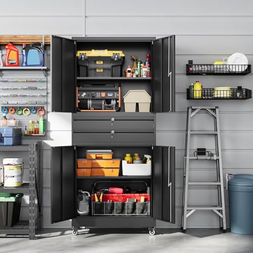 Letaya Metal Garage Storage Cabinet with Drawer,4 Door Tool Cabinet with Lock-2 Adjustable Shelves for Garage Home Office Utility Room (Black)