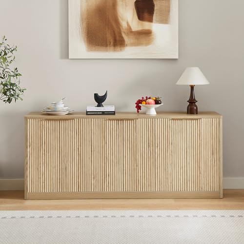 67" Fluted Oak Buffet Cabinet Sideboard with Storage, Large Credenza with 6 Doors