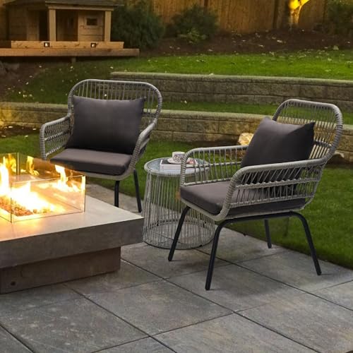 3 Piece Rattan Wicker Bistro Set, Outdoor Conversation Furniture Set with Glass Top Table, Space Saving for Balcony, Backyard, Natural