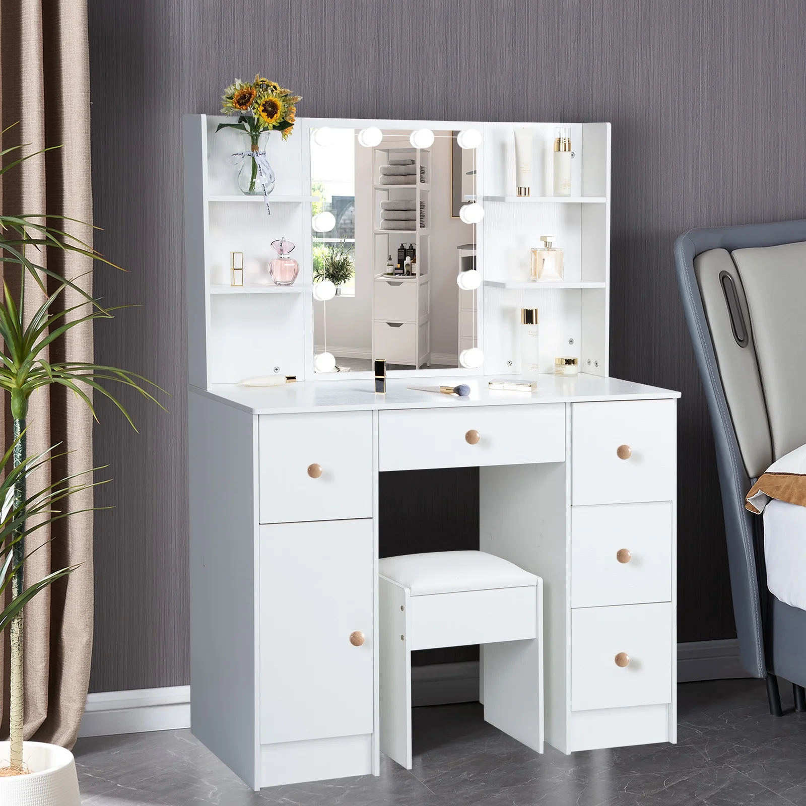 Yamissi Makeup Vanity with Cushioned Stool Vanity Set with Mirror and Lights for Bedroom Small Dresser, White