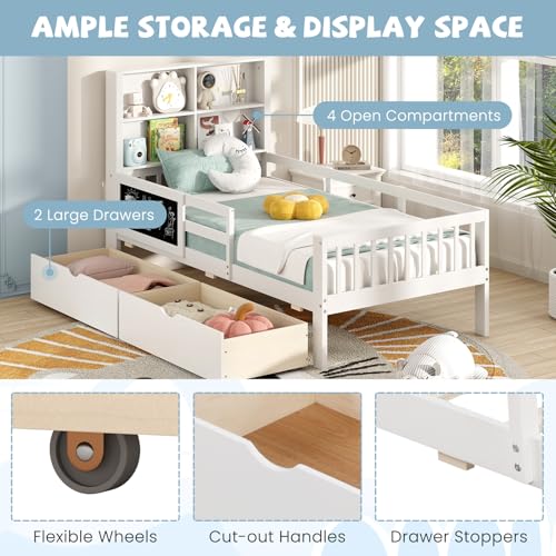 Giantex Full Bed with 2 Storage Drawers, Solid Wood Kids Bed Frame w/Bookcase Headboard & Blackboard, Full-Length Guardrails & Wooden Slats Support