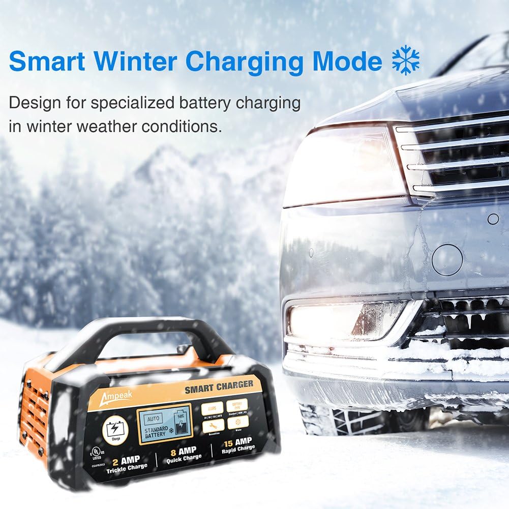 Ampeak 6V 12V Smart Car Battery Charger and Maintainer 2A 8A Fully Automatic with Cable Clamps