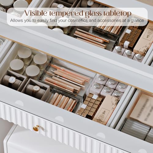43" Makeup Vanity Desk with Mirror and Lights, & Power Outl, Glass Top Big Vanity Table with 9 Drawers& 8 Storage Shelves