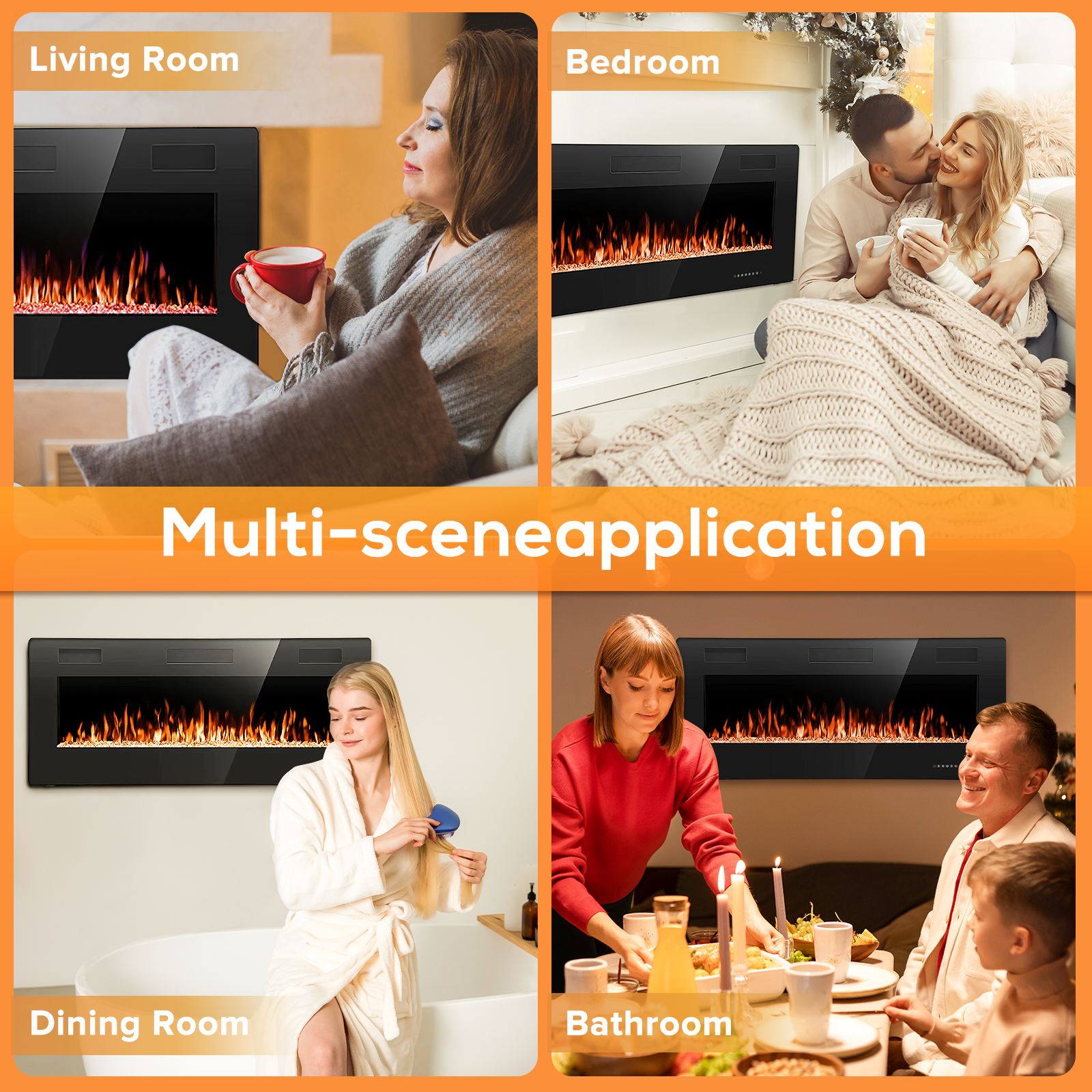 Auseo 42 inch Embedded Wall Mounted Indoor Electric Fireplace, Ultra-thin Low Noise Lightweight LED Fireplace Heater, Touch Screen, Timer, 1500W