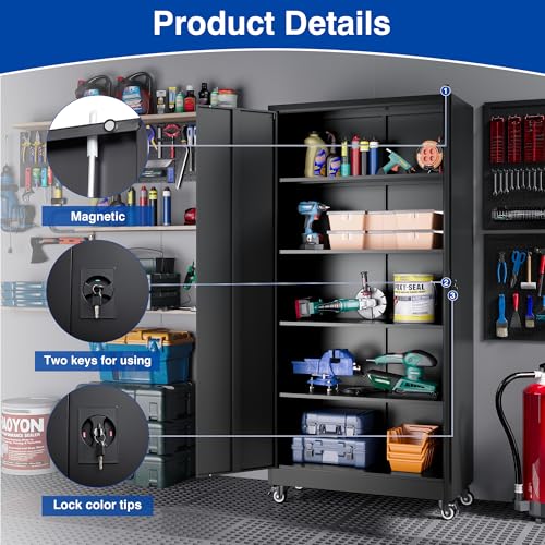 Metal Garage Storage Cabinet with Wheels,Metal Storage Cabinet with Adjustable Shelves,Steel Tool Cabinets with Locking Door for Home, School, Office