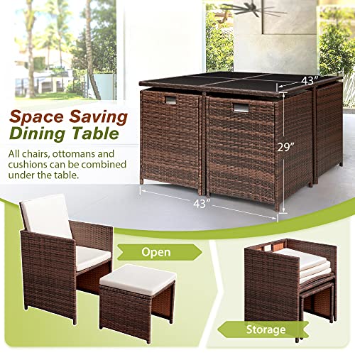 Devoko 9 Pieces Patio Dining Sets Outdoor Space Saving Rattan Chairs with Glass Table Patio Furniture Sets Cushioned Seating and Back Sectional
